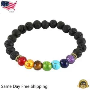 7 Chakra Bracelet Healing Balance Beaded Lava Natural Stone Yoga Reiki Ship Free - Picture 1 of 4