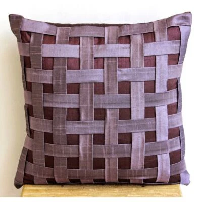 Couch Pillow Case Purple 16"x16", Home Decor Silk - Purple N Plum Basket Weave - Image 1 of 3