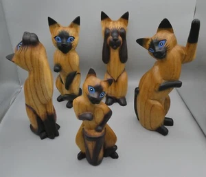 MCM Siamese Cat Solid Wood Figurines Folk Art Sculptures Hand Carved 12" 5pc Set - Picture 1 of 22