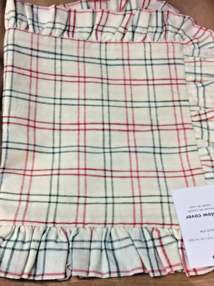 West Elm Heather Taylor Mayfair Plaid Lumbar Ruffle Pillow 12x21 Green Red Ivory - Image 1 of 1