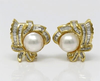 NYJEWEL 18k Yellow Gold Pearl & 92 Diamonds Omega Back Earrings - Image 1 of 4
