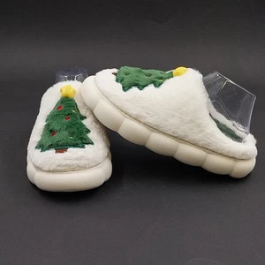 Christmas Tree Flat Thermal Plush Slippers White Faux Fur Green Insole Size 9-10 - Picture 1 of 8