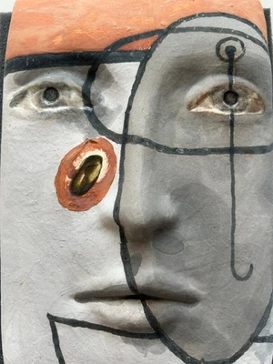 Ceramic ART Wall Hanging FACE Orange Black White Artwork ABSTRACT Original EYES - Image 1 of 4