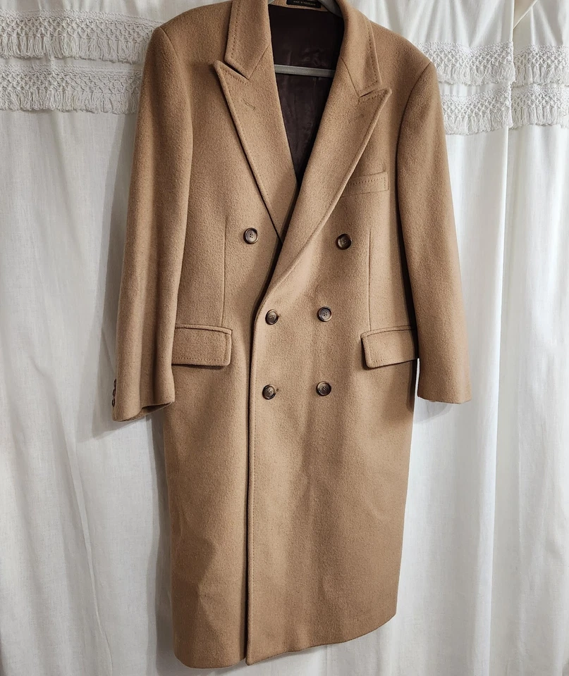 Italian Wool Cashmere Blend Quiet Luxury Camel Overcoat Long Dble Breasted Large - Image 1 of 4