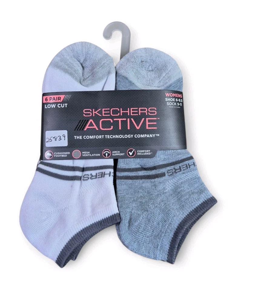 SKECHERS ACTIVE Womens Socks Low Cut Cushion Arch Support 6 Pair Shoe Size 6-9.5