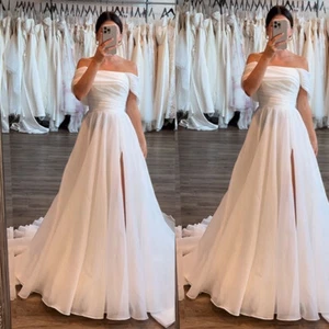 Chiffon Wedding Dresses with Side Split Simple Off the Shoulder Boho Bridal Gown - Picture 1 of 12
