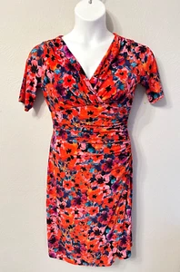 Evan Picone size 8 Floral Dress V-neck Ruched Short Sleeve Wedding Easter - Picture 1 of 8