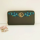 Black Embroidered Zip Around Wallet. Fit Your Phone. Pebbled Faux Leather. Gift