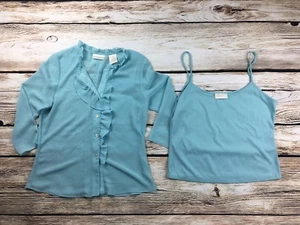 Light Blue Sheer Ruffled Button Down Blouse and Cami 3/4 Length Sleeve Size 10 - Bild 1 von 8