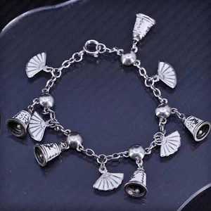 7”, Indian Siam sterling silver 925 charm bracelet white enamel chime fan charm - Picture 1 of 8