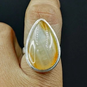 Proposal Women's Ring Natural Moss Agate Pear Gemstone 925 Sterling Silver - Picture 1 of 5