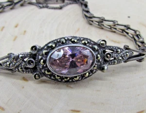 Antique Art Deco Marcasite Pink Garnet Sterling Silver 925 Chain Bracelet - Picture 1 of 12