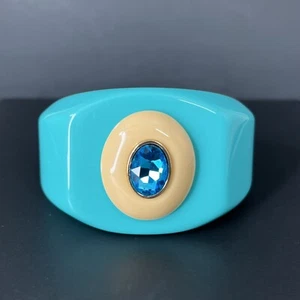 Turquoise Lucite Cuff Bracelet Rhinestone Wide Bangle Modernist Futuristic - Picture 1 of 8