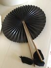 Vintage Victorian Round Folding Hand Fan Wooden Oil Cloth Black Mourning Funeral