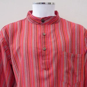 Hippie Freizeit Unisex kragenloses GRANDAD SHIRT in ROT Baumwollstreifen - Boho Chic - Bild 1 von 3