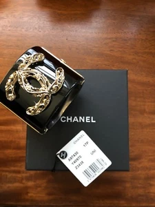 Chanel Acrylic Bronzed Gold & Crystal Double Strass Cuff Bracelet 17P Rare - Picture 1 of 10