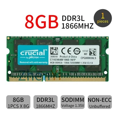 Crucial 8GB DDR3L 1866MHz PC3L-14900S 1.35V 204Pin SODIMM Laptop Memory SDRAM BT - Image 1 of 4