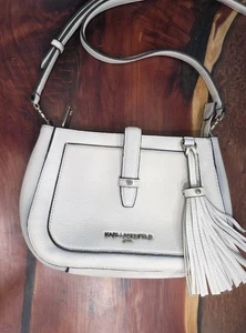 Luxury Designer Karl Lagerfeld Paris White Pebbled Leather Tassel Crossbody Bag - Picture 1 of 11