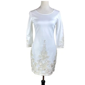 Gianni Bini NWT S Winter White Metallic Gold Lace Ponte Knit Mini Sheath Dress - Picture 1 of 12