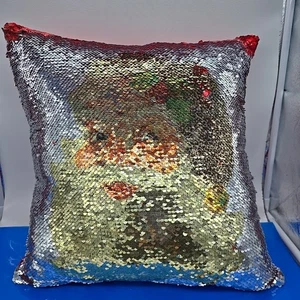 Weihnachten Dekokissen Santa Gold & Weiß Pailletten Wende Rot Edel 15" - Bild 1 von 6