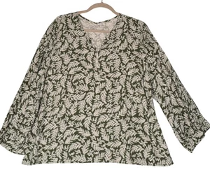 Old Navy Blouse Womens 2XL Green White Floral Long Sleeve Split Neck Top Boho - Picture 1 of 10