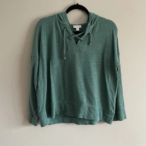 J.Jill Women S Petite Green Cotton Slub Relaxed Boxy Fit Lace Up Hoodie Pullover - Picture 1 of 9