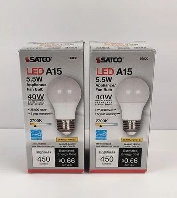 Satco S9030 120V 40W Medium Base Frosted Warm White A15 LED Bulbs 5.5W 2pk L2 - Image 1 of 4