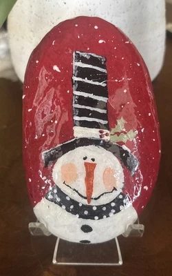 Hand Painted Rock "Happy Holidays Snowman” Collectible Garden Decor Art Gift - Image 1 of 4