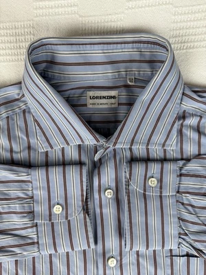 Camisa de vestir Lorenzoni Italia para hombre cuello lengüeta rayas azules 100 % algodón talla 17,5 44 Foto 1 de 4
