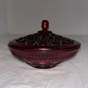 Ruby Red Glass Lidded Candy Dish Moon& Stars With Windsor Button 1960s Pressed - Picture 1 of 8
