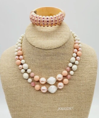 Pink & White Beaded Necklace and Bracelet Set Layered Vintage  - Image 1 of 4