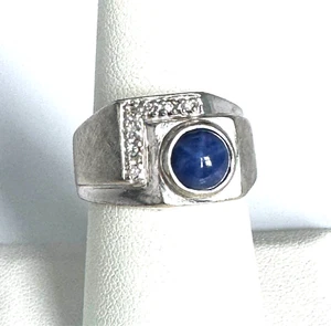 MEN'S WHITE GOLD STAR SAPPHIRE AND DIAMOND PINKY RING SIZE 8 - Picture 1 of 10