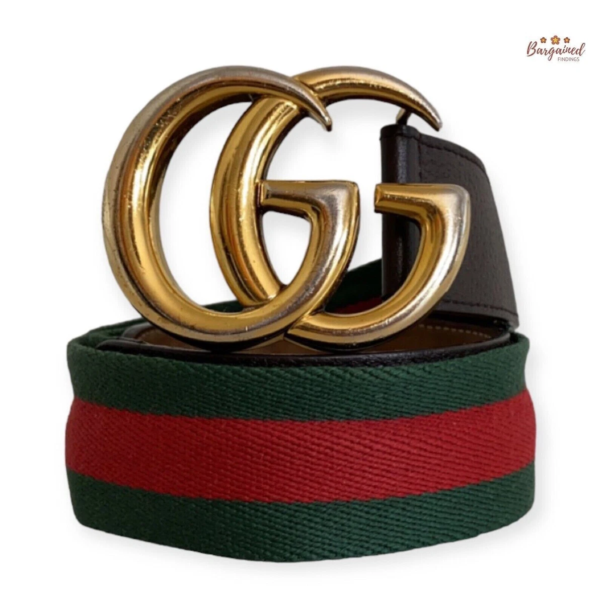 Auth Gucci Web Green/Red Canvas Brown Leather Gold Double G Buckle