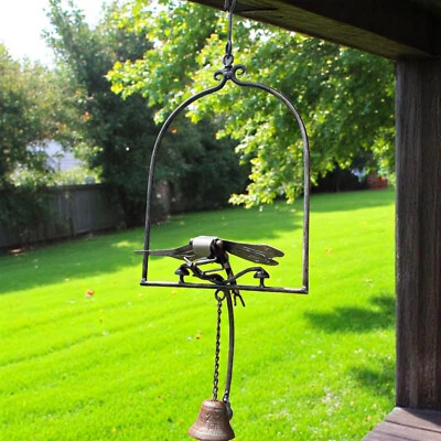 Whimsical Rocking Kinetic Galvanized Metal Dragonfly Bell Hanging Windchime - Image 1 of 4