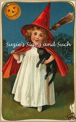 Fabric Block 复古万圣节小女巫黑猫月亮红角 — 第 1/1 张图片