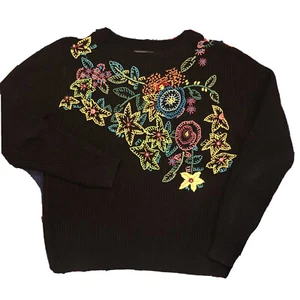 Vintage Embroidered Neon Floral Sweater Sz L Boho Hippie Colorful Retro chic 90s - Picture 1 of 7