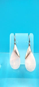 Vintage Silver Pink Quartz Dangle Tear Drop Earrings with Silver Caps - Picture 1 of 6