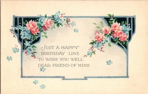 Happy Birthday Greetings Flowers Poem Just A Line Gibson Lines Co Postcard - Picture 1 of 2
