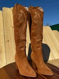 WIRALOMI Western Cowgirl Brown Suede Knee High Heel Pointed Toe Pull On Size 8 - Picture 1 of 7