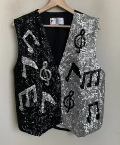 JC Damen Weste schwarz silber Pailletten vorne Musik Symbole Druckknopfverschluss gefüttert Größe L - Bild 1 von 8