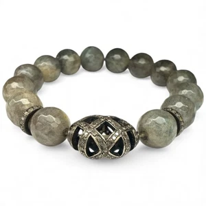 Labradorite Bead Bracelet with Diamond Pavé Centerpiece Stretch Natural Gemstone - Picture 1 of 5