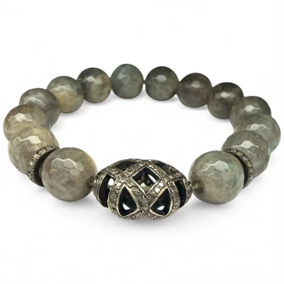 Labradorite Bead Bracelet with Diamond Pavé Centerpiece Stretch Natural Gemstone - Image 1 of 4
