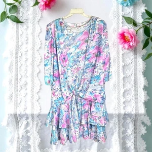 No Brand Vintage Pink Blue Copper White Floral Layer Look Tiered Dress Wm 18 - Picture 1 of 7