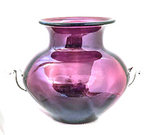Blenko 2008 Richard Blenko Plum Purple Amethyst Vase Clear Handles 9" X 13"