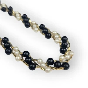 Vintage Trifari Braided Chain Necklace Faux Pearl Cream Black Cobra Link 24.5" - Picture 1 of 12