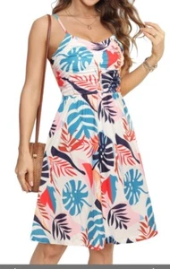 Duppoly Spaghetti Strap Sundress A Line Midi Rushed Pleated white floral medium - Picture 1 of 7