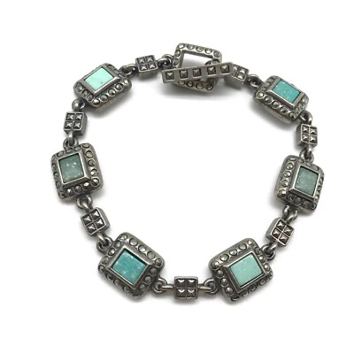 Brazalete de palanca de eslabones de cadena de marcasita sintética piedra azul chapada en plata para dama 7,5" Foto 1 de 4