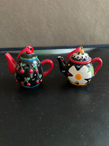 Vintage Mary Engelbreit Miniature Teapot Ornaments - Lot Of 2 Cherries & Daisy