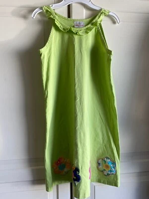 130 Vestido Hanna Andersson Verde Lima Niñas Apliques Flores Algodón Volantes Talla 8 Foto 1 de 4