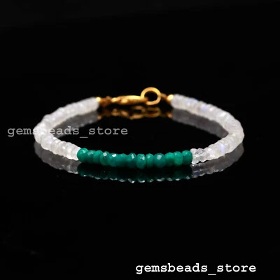 Regenbogen Mondstein + Korund Smaragd Rondell facettiertes Armband 7 Zoll - Bild 1 von 4